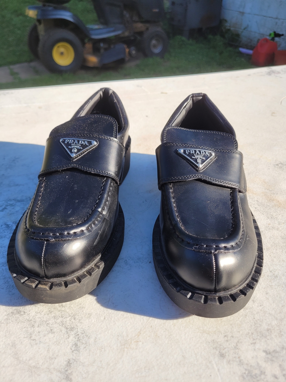 Authentic Prada Black Brushed Leather Monolith Platform Loafers – EU 38 / US 7.5